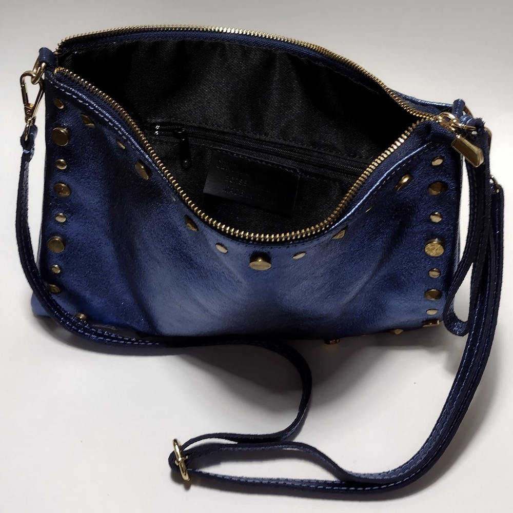 Crossbody Leather Blue Studded Women's Bag - Picture 3 of 4